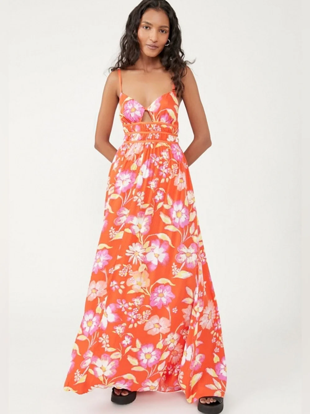 Free People M Wisteria  Orange Floral Maxi Dress with Spaghetti Straps